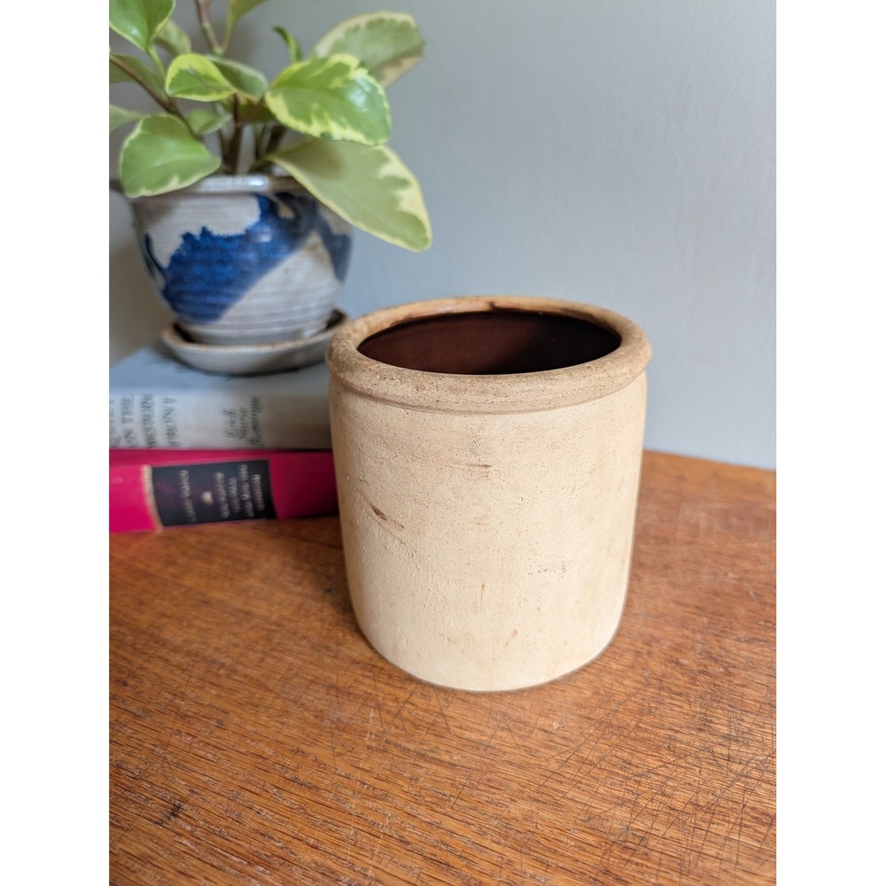 Vintage Antique Stoneware Crock Tan Brown Glaze Primitive Farmhouse Pottery 5in